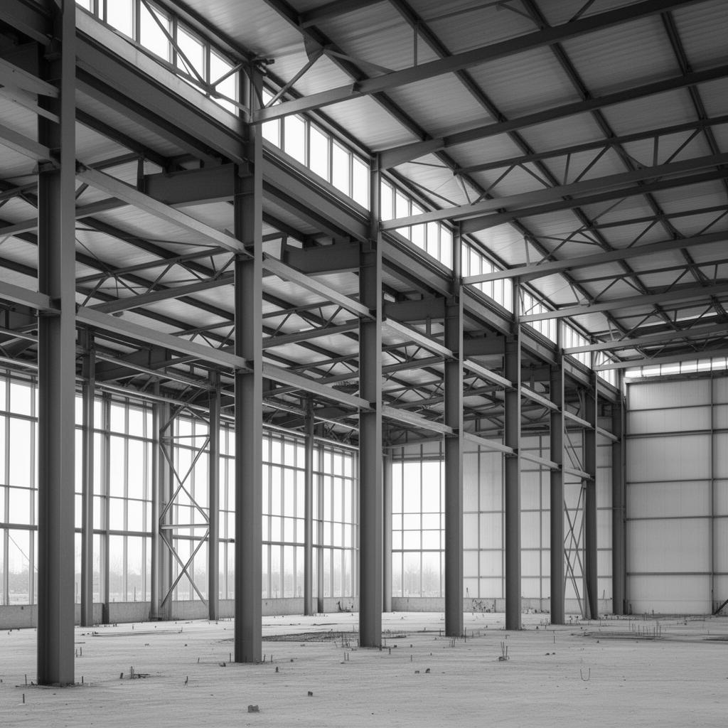 Steel structural framing in an industrial building